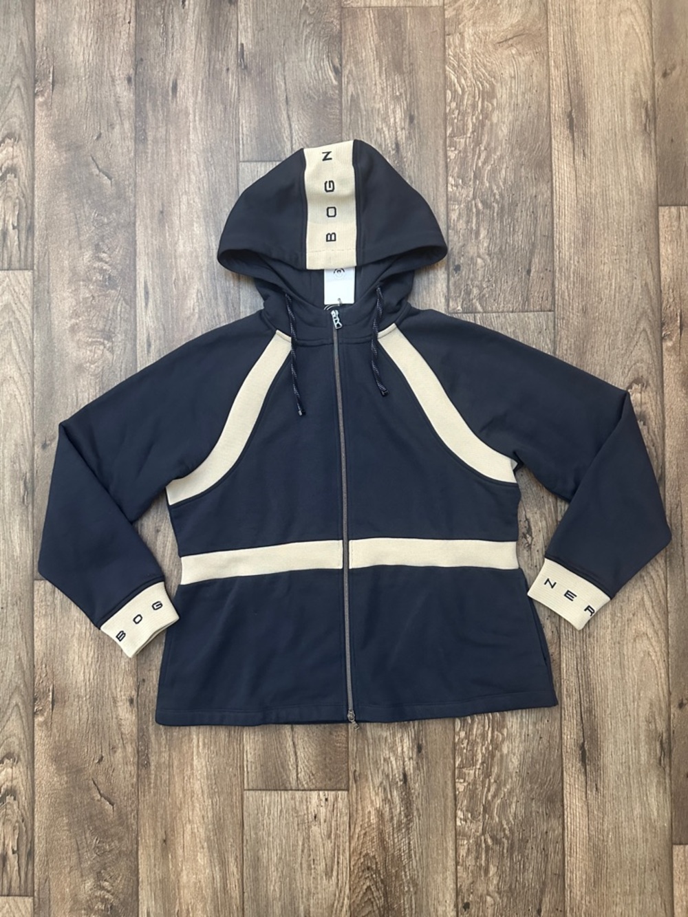 Bogner Sport Logo Hooded Zip Jacket Women’s Size 16 Navy Beige
